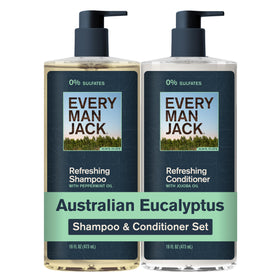 Every Man Jack front packaging showing eucalyptus two-pack and clean grooming benefit