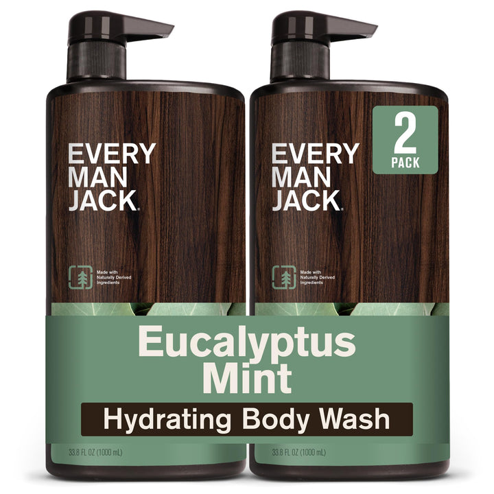 Every Man Jack front packaging showing bold eucalyptus mint scent and large size benefit