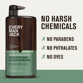 Every Man Jack bottle next to hand showing 33.8 oz size for long-lasting supply
