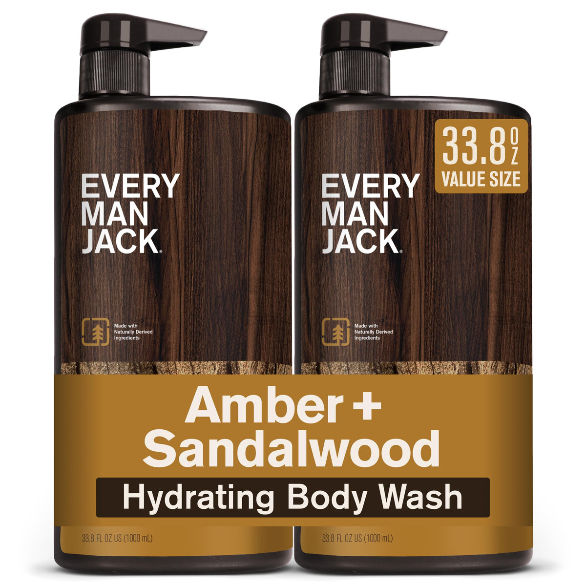 Every Man Jack front bottle showing amber and sandalwood scent, inviting clean fragrance