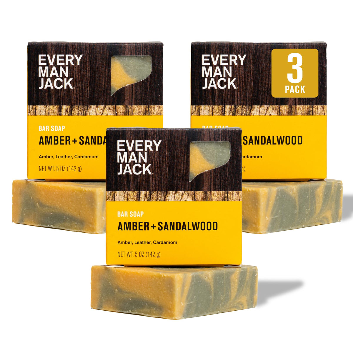 Every Man Jack front packaging showing three amber sandalwood bars and subtle scent appeal