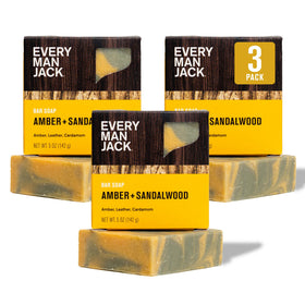 Every Man Jack front packaging showing three amber sandalwood bars and subtle scent appeal