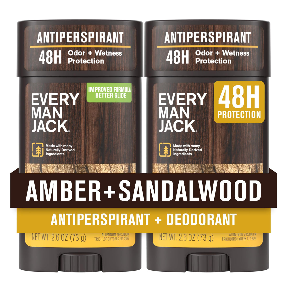 Every Man Jack front packaging showing amber and sandalwood scent, promotes long-lasting protection
