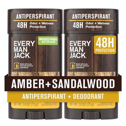 Every Man Jack front packaging showing amber and sandalwood scent, promotes long-lasting protection
