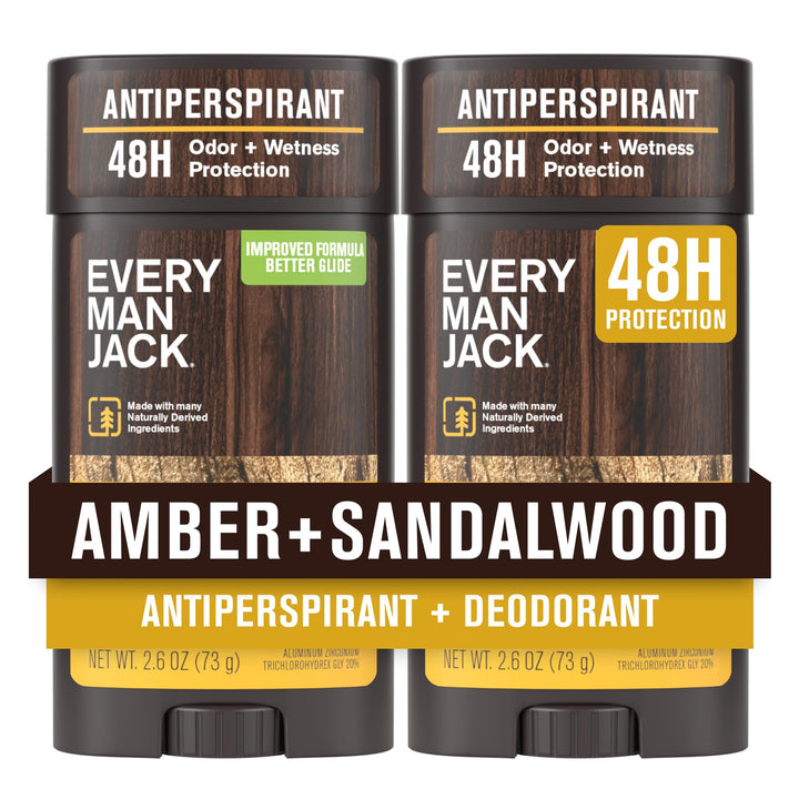 Every Man Jack front packaging showing amber and sandalwood scent, promotes long-lasting protection