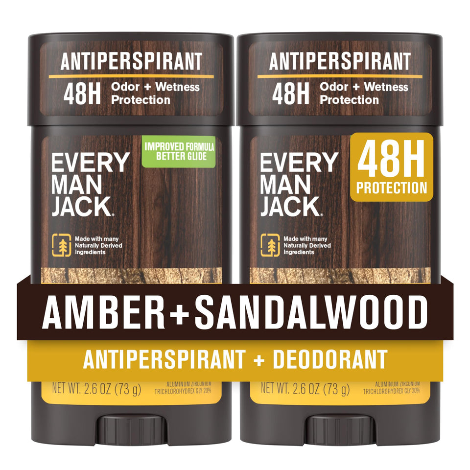 Every Man Jack front packaging showing amber and sandalwood scent, promotes long-lasting protection