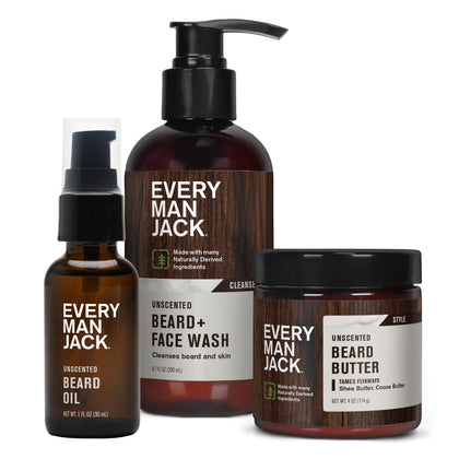 Every Man Jack front packaging showing unscented beard bundle benefits