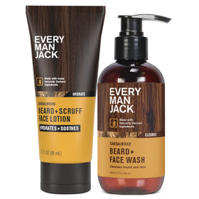 Every Man Jack front packaging showing beard wash and lotion benefits