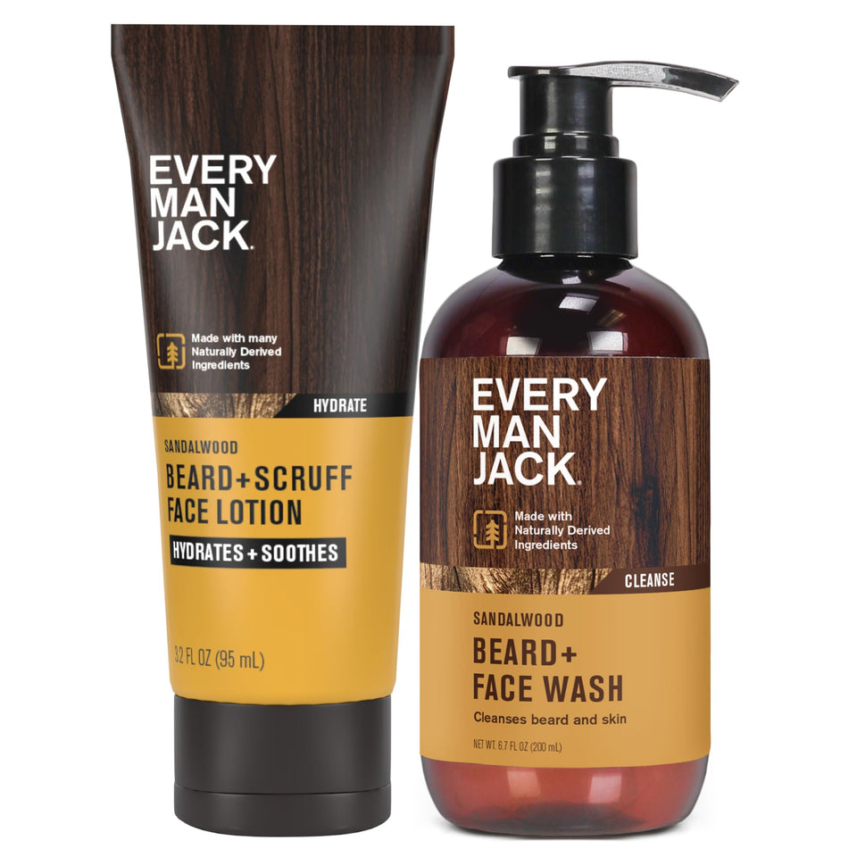 Every Man Jack front packaging showing beard wash and lotion benefits