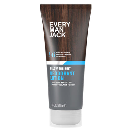 Every Man Jack front bottle view showing unscented deodorant lotion for comfort