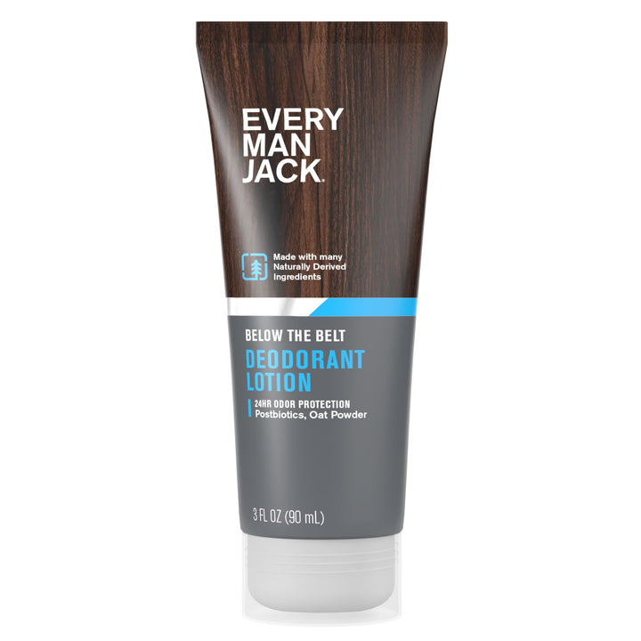 Every Man Jack front bottle view showing unscented deodorant lotion for comfort