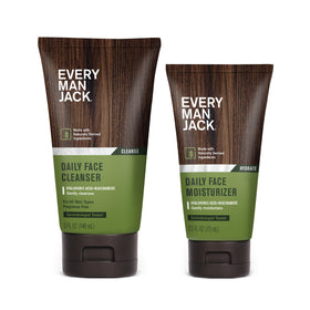 Every Man Jack front packaging showing both bottles and clean design benefit: simple routine