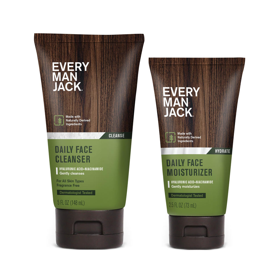Every Man Jack front packaging showing both bottles and clean design benefit: simple routine