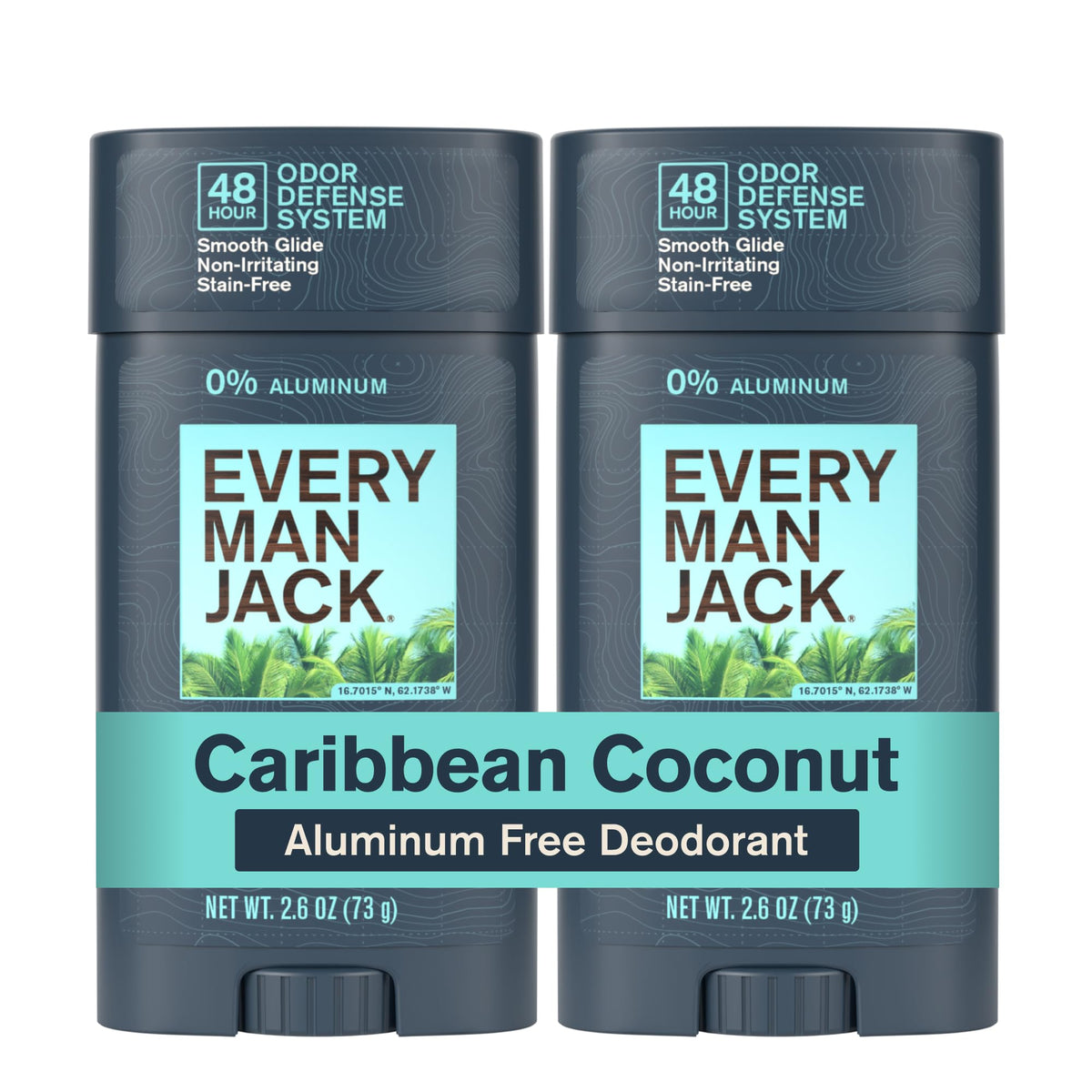 Every Man Jack front packaging showing Caribbean Coconut scent and recyclable benefit