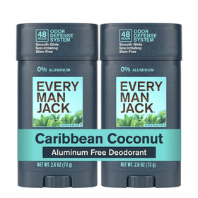 Every Man Jack front packaging showing Caribbean Coconut scent and recyclable benefit