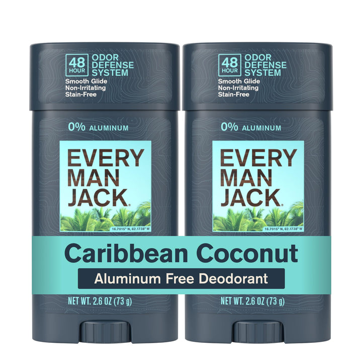 Every Man Jack front packaging showing Caribbean Coconut scent and recyclable benefit