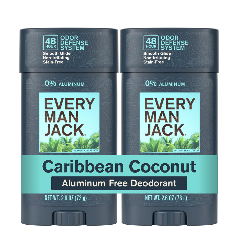 Every Man Jack front packaging showing Caribbean Coconut scent and recyclable benefit
