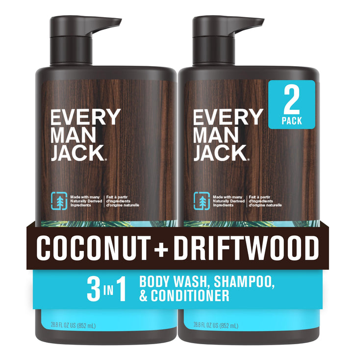 Every Man Jack front packaging showing coconut driftwood scent and volume benefit