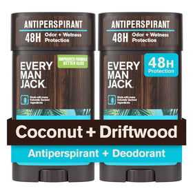 Every Man Jack front packaging showing coconut driftwood scent and two-stick benefit