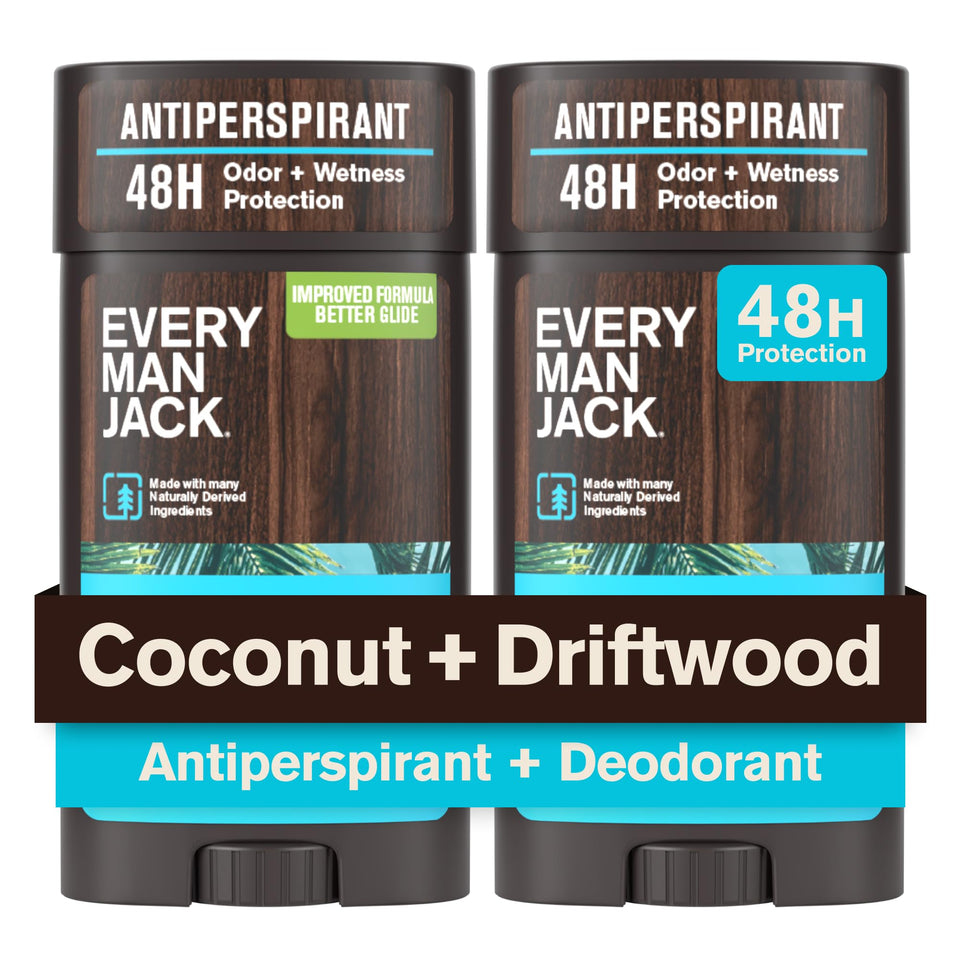 Every Man Jack front packaging showing coconut driftwood scent and two-stick benefit