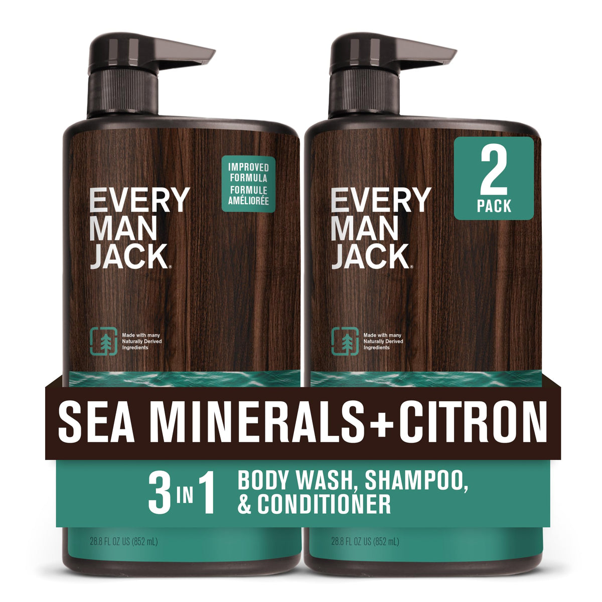 Every Man Jack front packaging showing twin 28.8oz bottles and product benefit