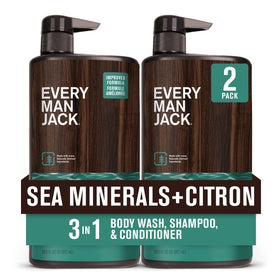 Every Man Jack front packaging showing twin 28.8oz bottles and product benefit