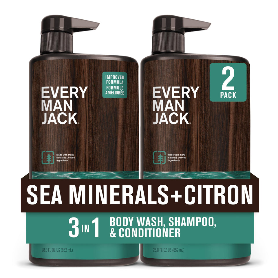 Every Man Jack front packaging showing twin 28.8oz bottles and product benefit