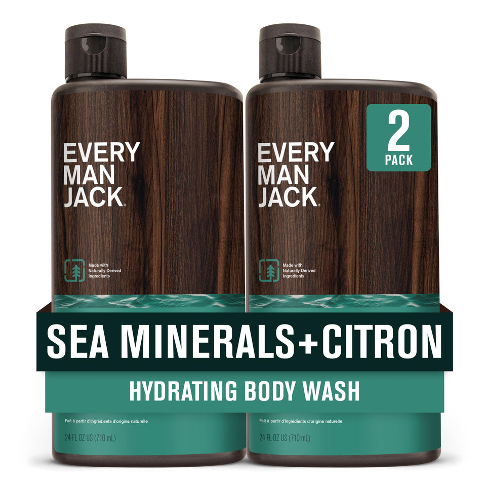 Every Man Jack front packaging showing two 24oz bottles and scent