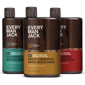 Every Man Jack three-pack front view showing all scents and benefit of simplicity