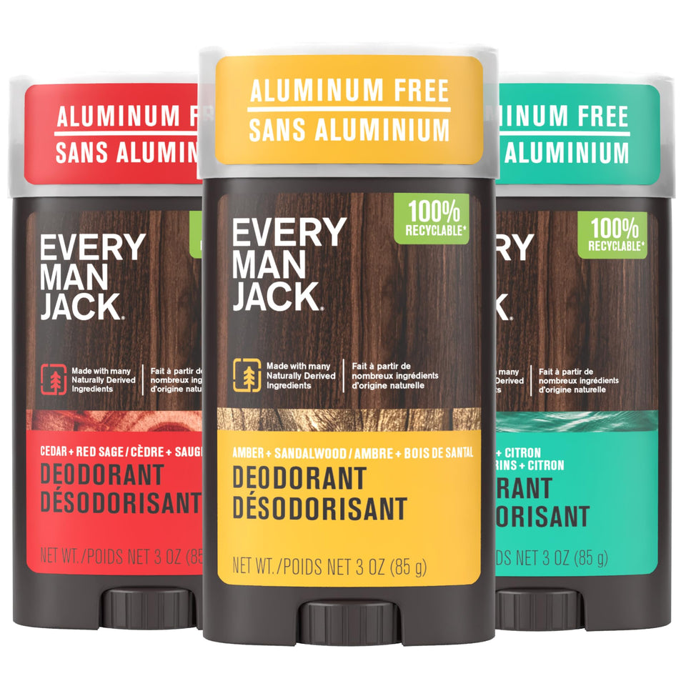Every Man Jack front packaging showing three full-size sticks and scent variety
