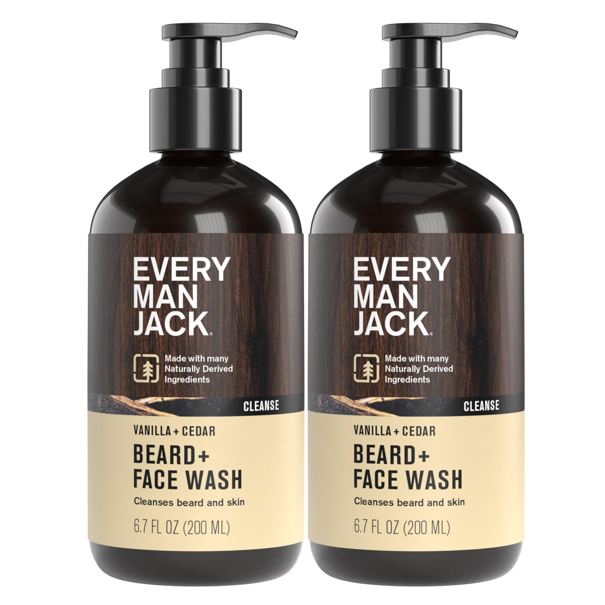 Every Man Jack front packaging showing vanilla cedar scent and two-pack convenience