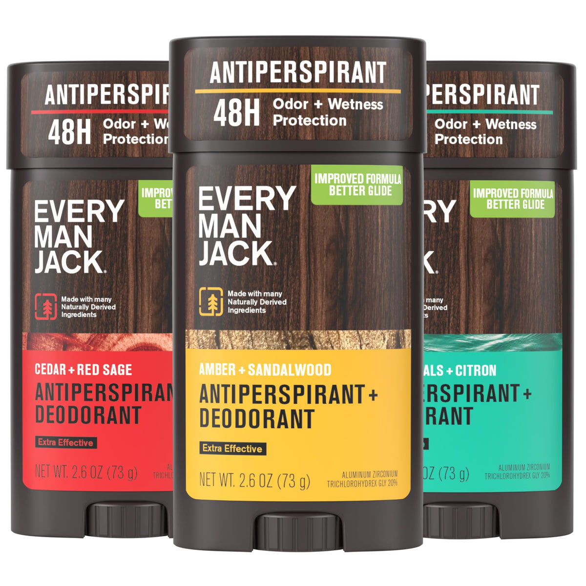 Every Man Jack front packaging showing three deodorant sticks and variety benefit