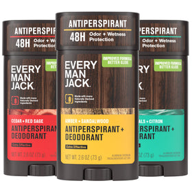 Every Man Jack front packaging showing three deodorant sticks and variety benefit