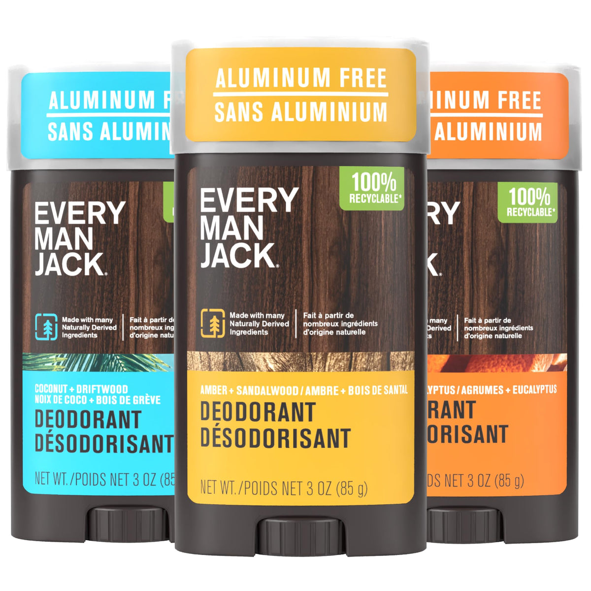 Every Man Jack front packaging showing three deodorant sticks and variety