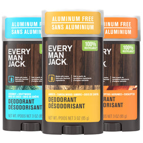 Every Man Jack front packaging showing three deodorant sticks and variety