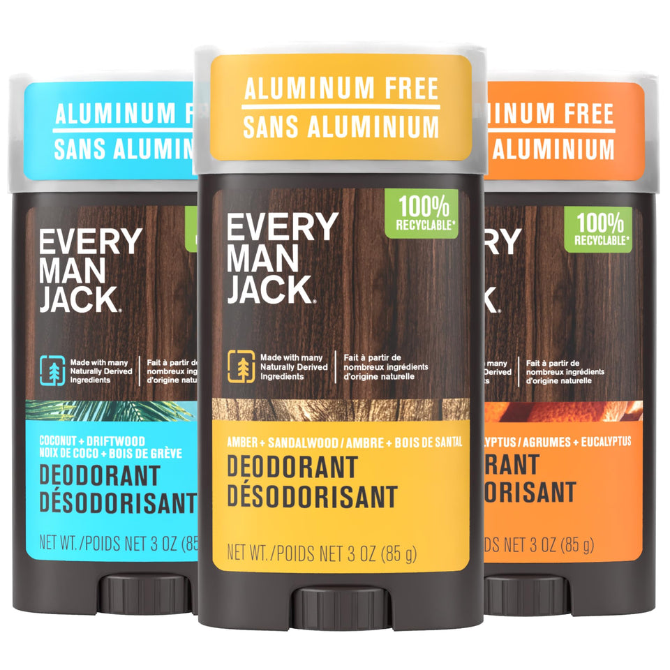 Every Man Jack front packaging showing three deodorant sticks and variety