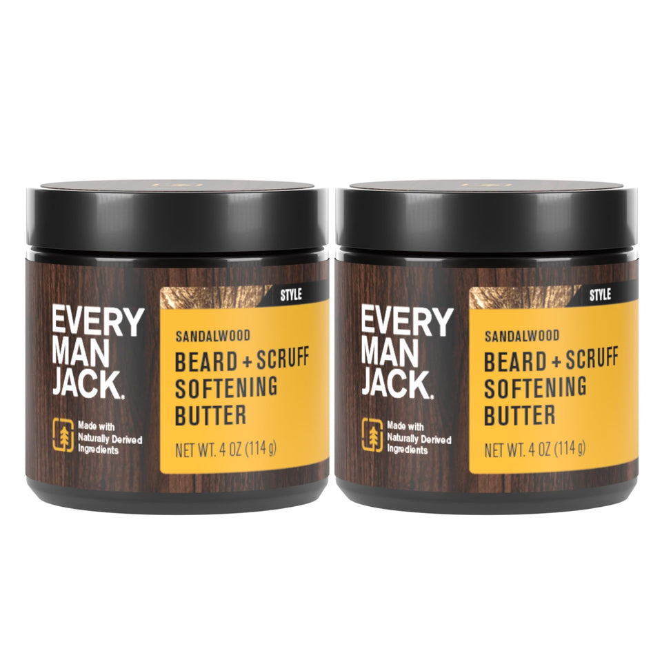 Every Man Jack front view of two 4-ounce tubs showing packaging and branding benefits softening