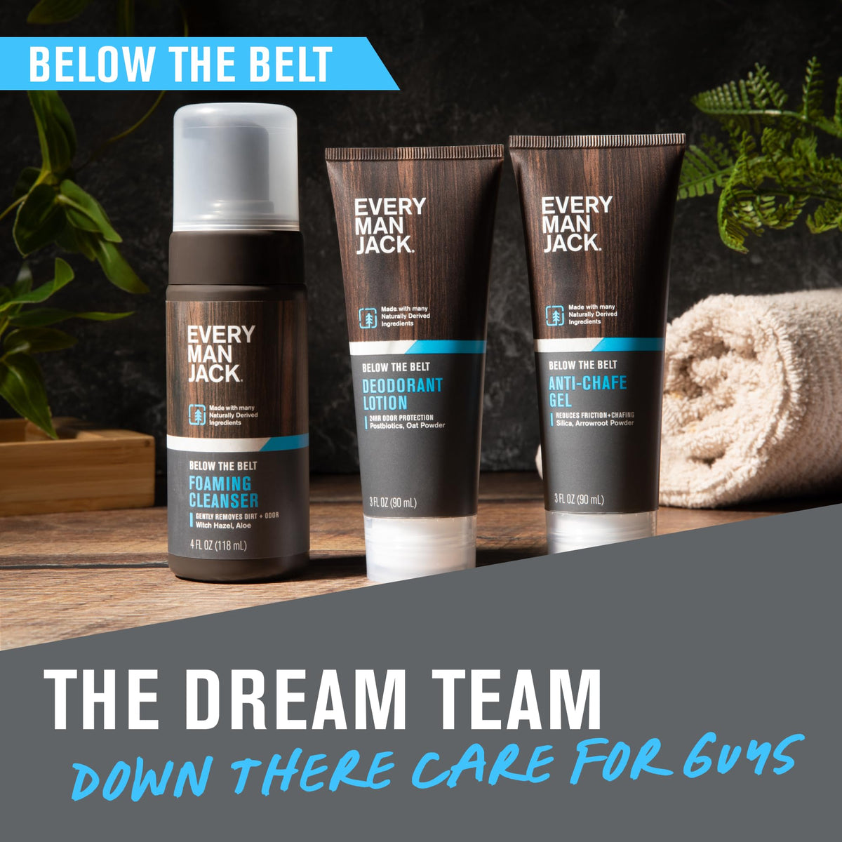 Every Man Jack bottle beside foaming cleanser in bathroom routine showing coordinated care