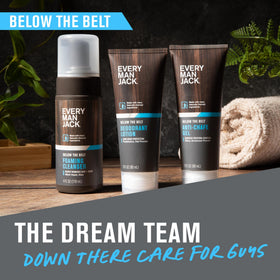 Every Man Jack bottle beside foaming cleanser in bathroom routine showing coordinated care
