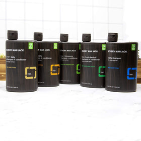 Person using Every Man Jack 2-in-1 in shower for quick cleansing and conditioning
