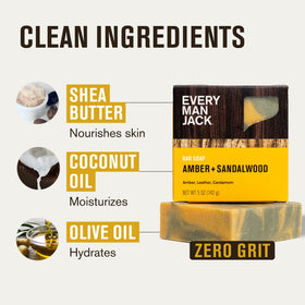 Every Man Jack ingredient label close-up showing naturally derived oils and shea butter benefits