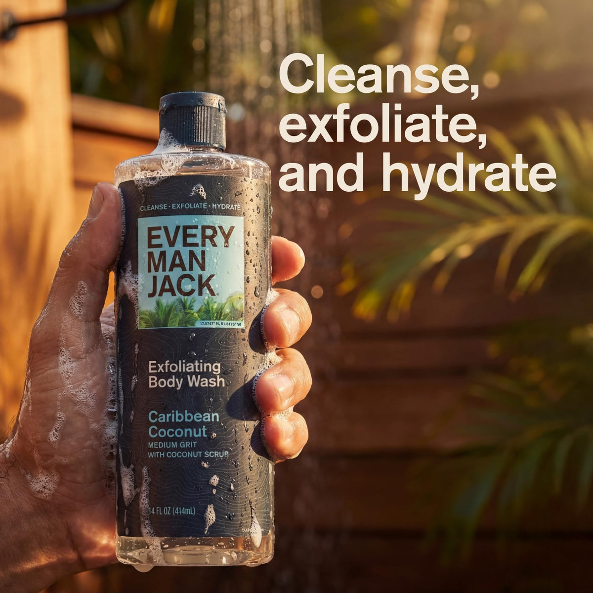 Every Man Jack rich lather on skin demonstrating exfoliation and cleansing benefit