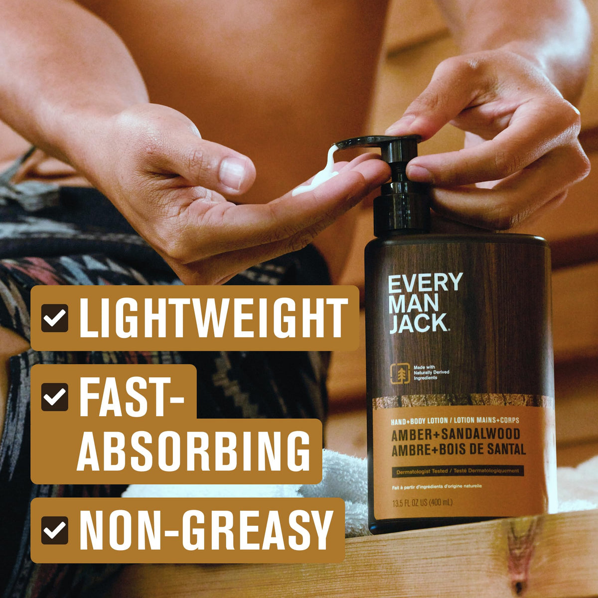 Applying Every Man Jack lotion to a hand, illustrating fast hydration after washing