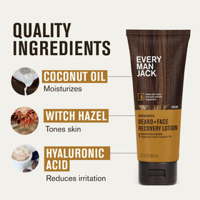 Every Man Jack lotion in hand applying to beard to reduce itch and flakes