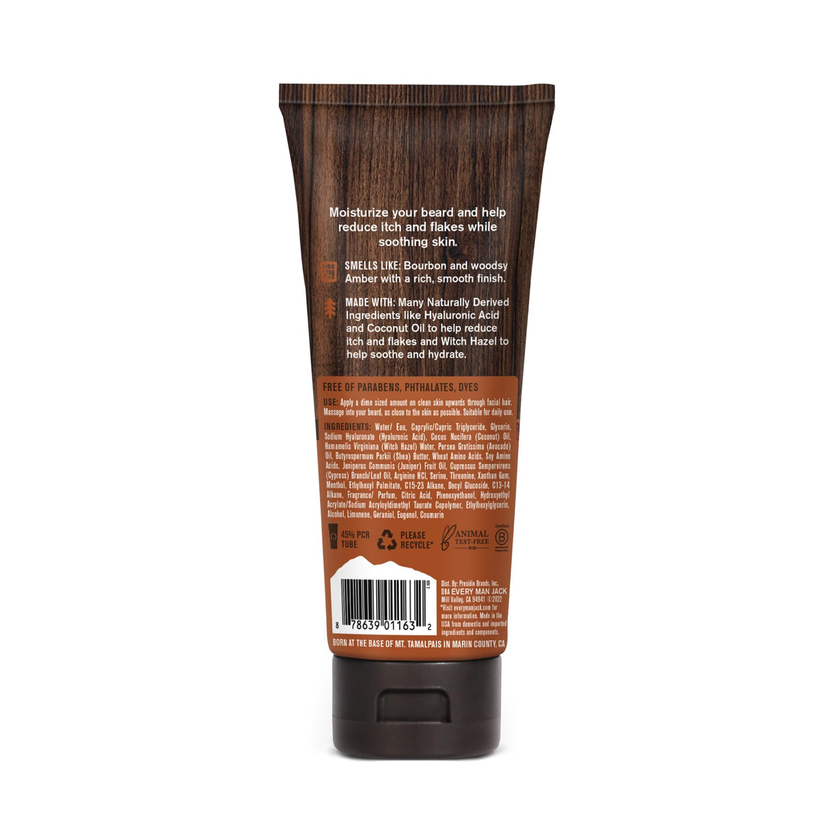 Every Man Jack label close-up emphasizing ingredients and soothing claims benefit