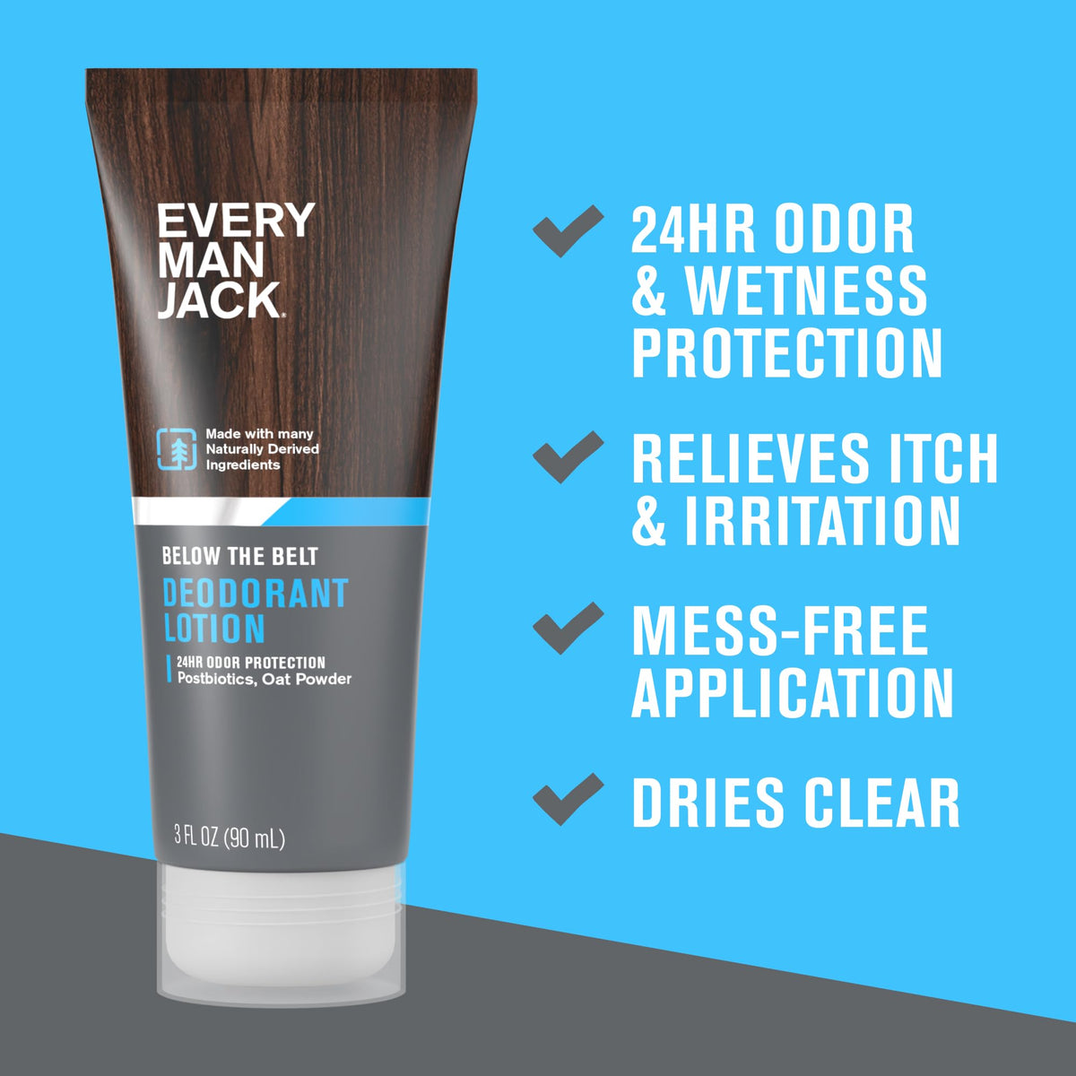 Every Man Jack lotion texture on hand close-up demonstrating quick absorption benefit