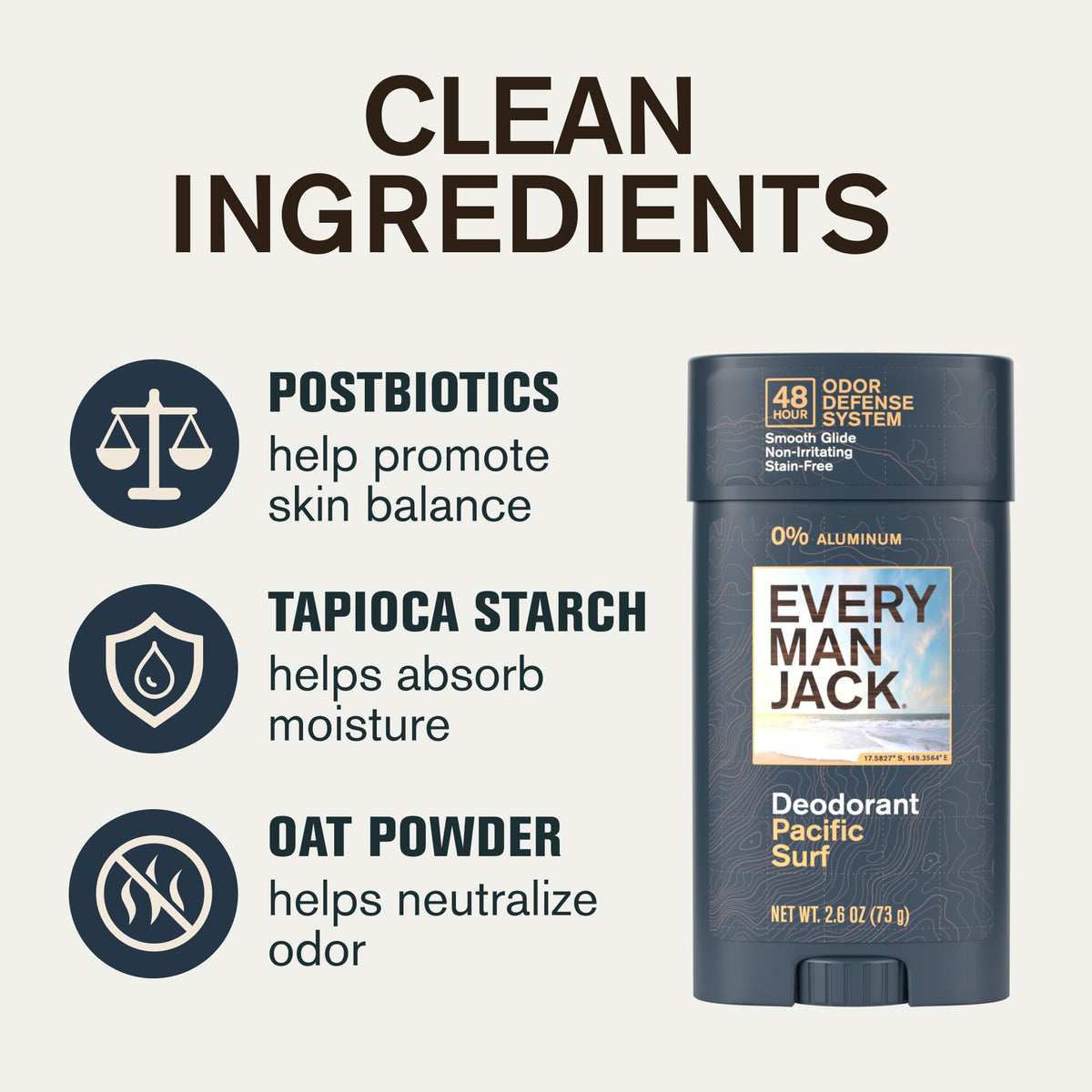 Every Man Jack ingredients display with tapioca starch and oat powder benefits