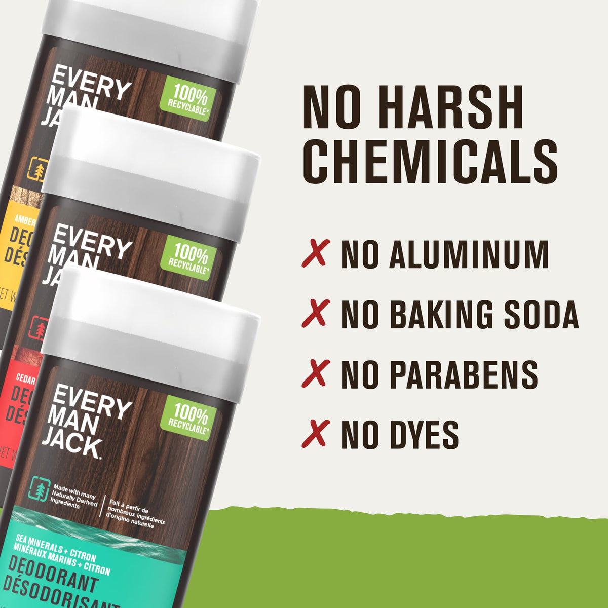 Every Man Jack recyclable packaging icons emphasizing reduced plastic and eco benefit