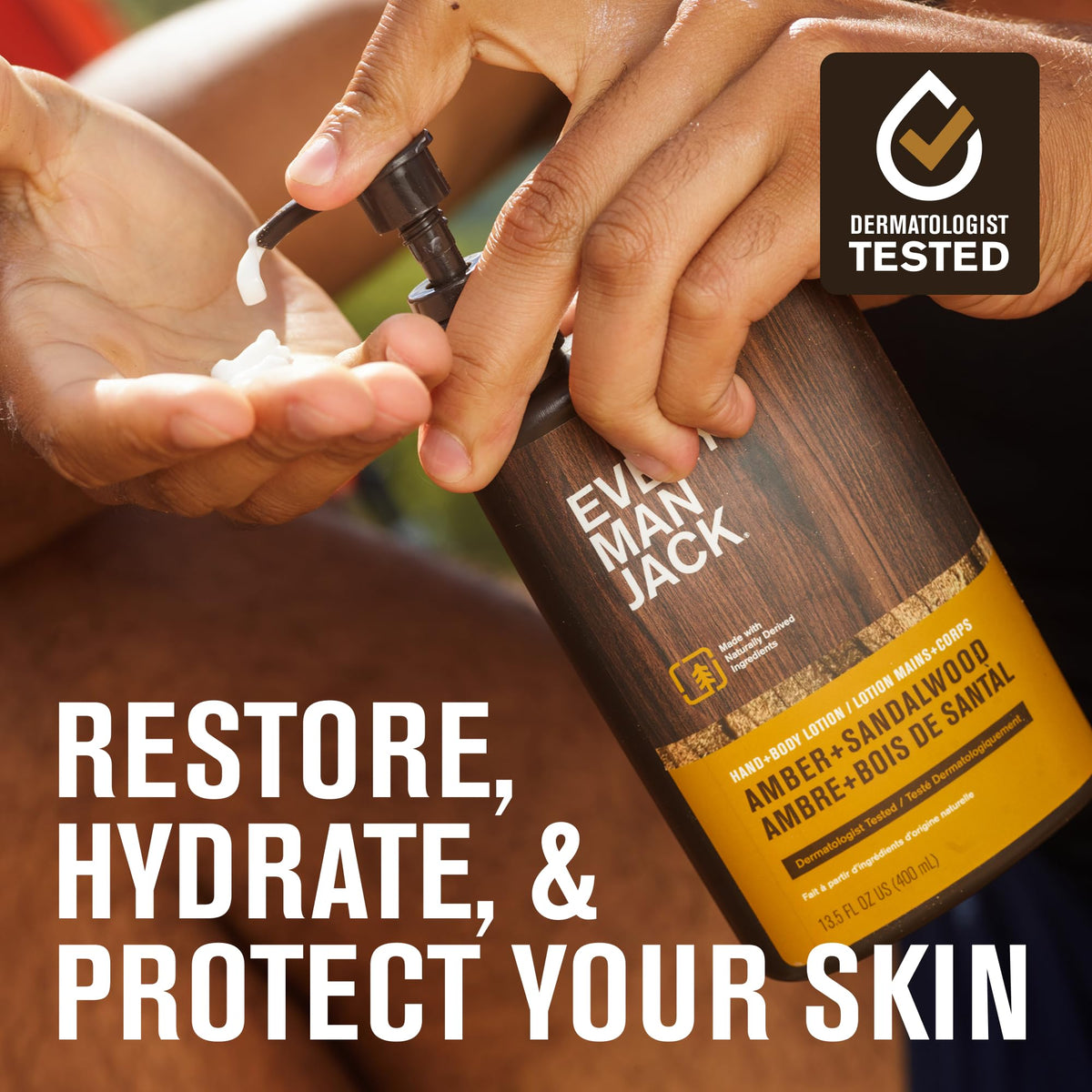Every Man Jack pump top and clear label close-up, demonstrates easy one-handed dispensing