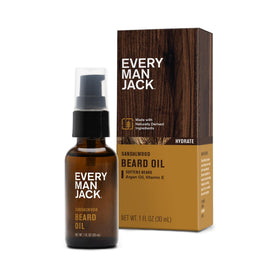 Every Man Jack front bottle shot showing sandalwood beard oil and neat packaging benefit of easy identification